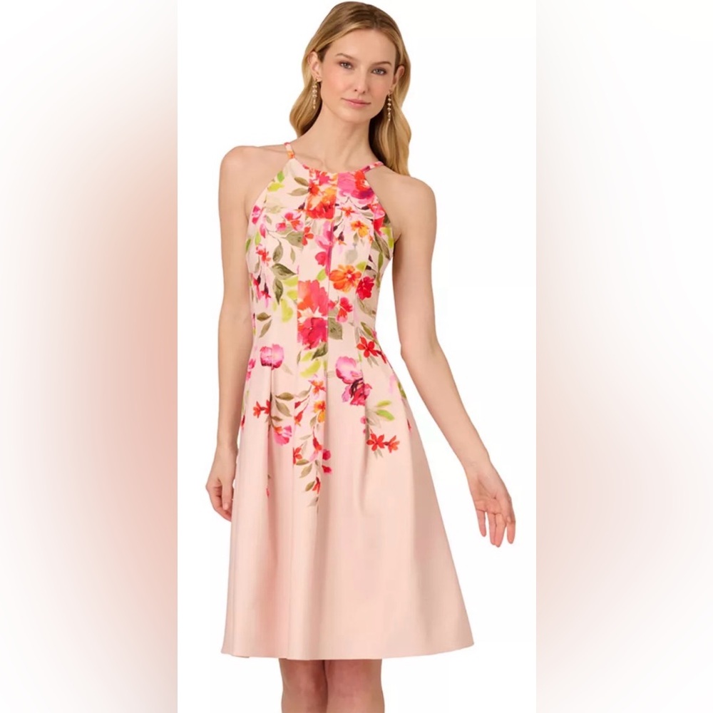 ADRIANNA PAPELL Floral-Print Pleated Fit & Flare Halter Dress